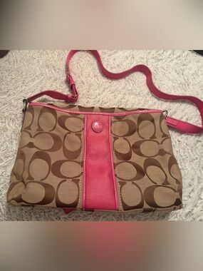 Coach Brown Signature Canvas Crossbody with Pink Trim